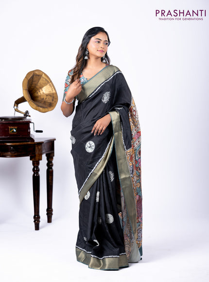 Semi crepe saree black and greyish green with shibori butta prints and kalamkari printed pallu & zari border