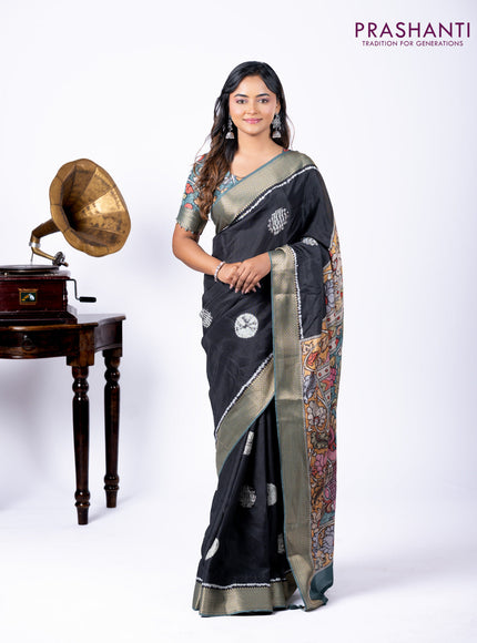 Semi crepe saree black and greyish green with shibori butta prints and kalamkari printed pallu & zari border