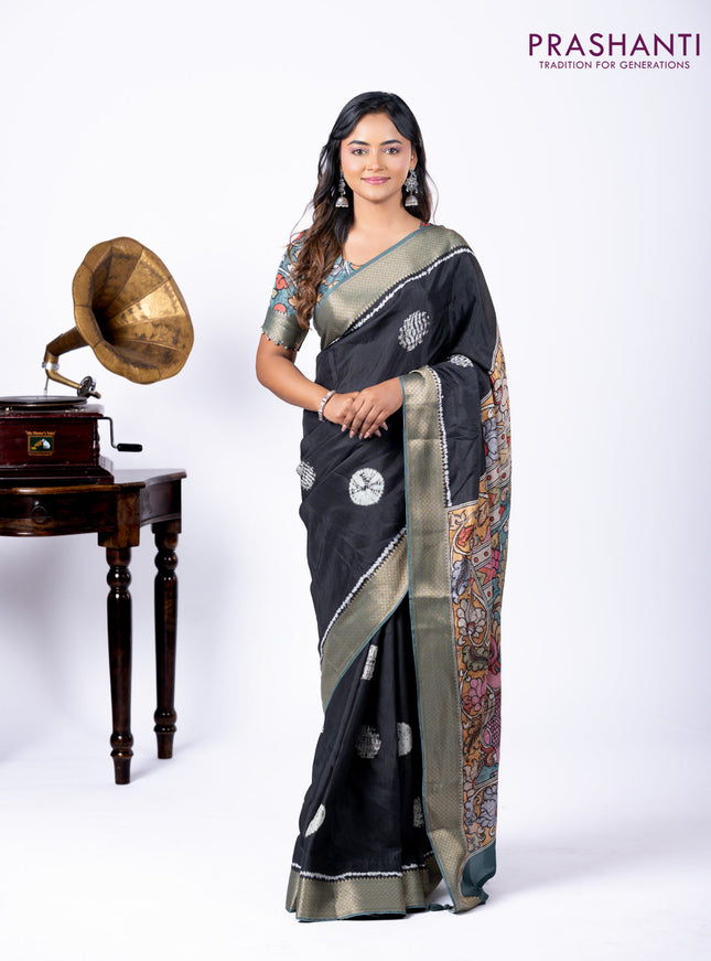 Semi crepe saree black and greyish green with shibori butta prints and kalamkari printed pallu & zari border