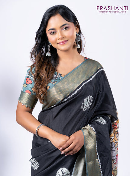 Semi crepe saree black and greyish green with shibori butta prints and kalamkari printed pallu & zari border