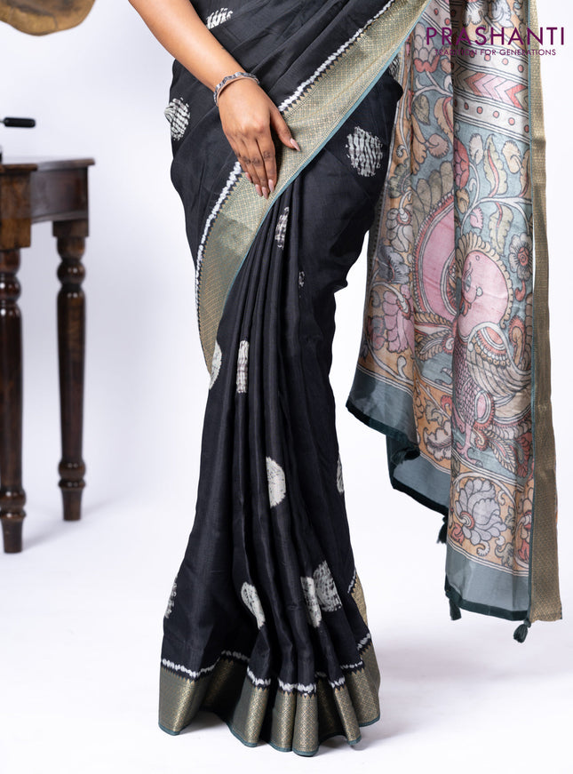Semi crepe saree black and greyish green with shibori butta prints and kalamkari printed pallu & zari border