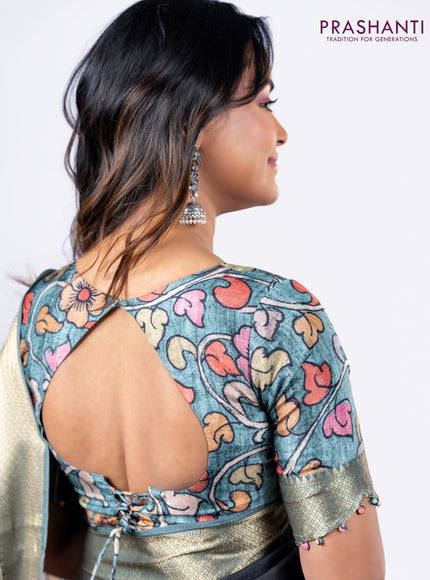 Semi crepe saree black and greyish green with shibori butta prints and kalamkari printed pallu & zari border