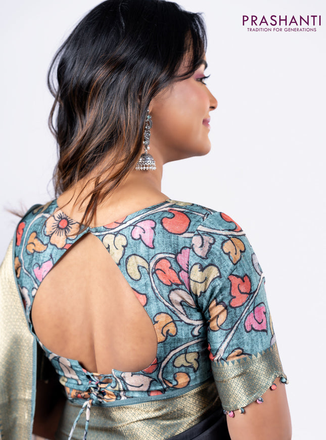 Semi crepe saree black and greyish green with shibori butta prints and kalamkari printed pallu & zari border