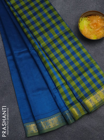 Silk cotton saree cs blue and light green with plain body and zari woven border