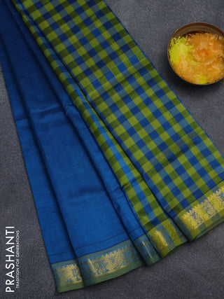 Silk cotton saree cs blue and light green with plain body and zari woven border