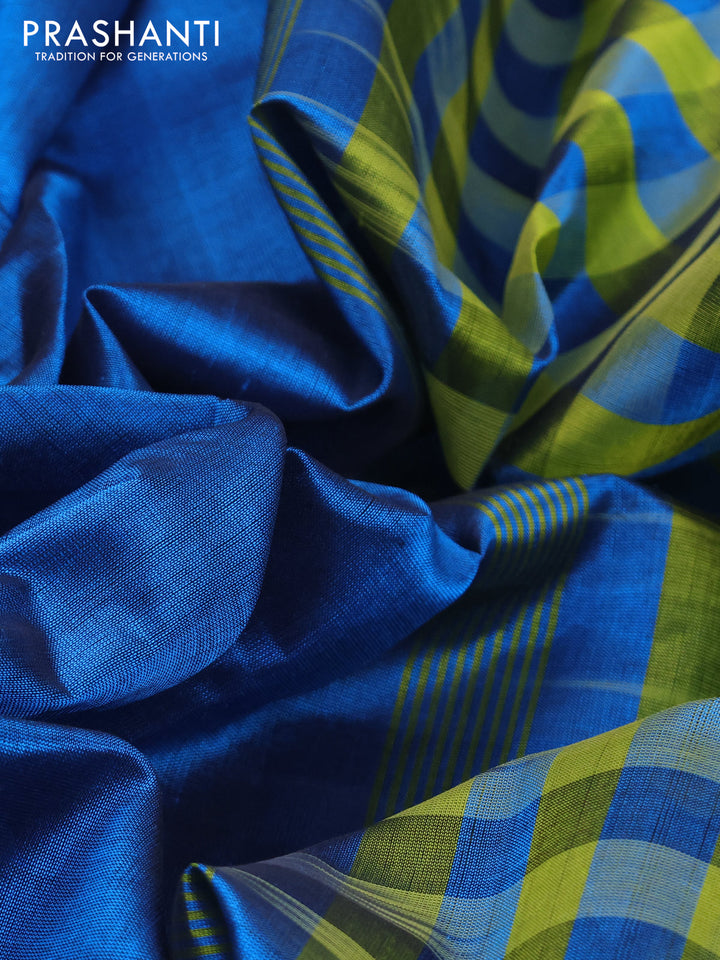 Silk cotton saree cs blue and light green with plain body and zari woven border