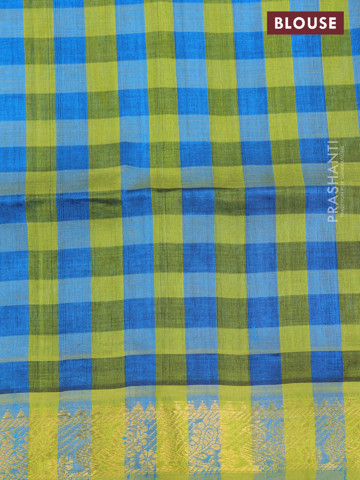 Silk cotton saree cs blue and light green with plain body and zari woven border