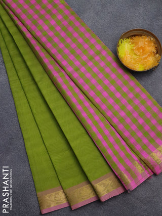 Silk cotton saree light green and light pink with plain body and zari woven border