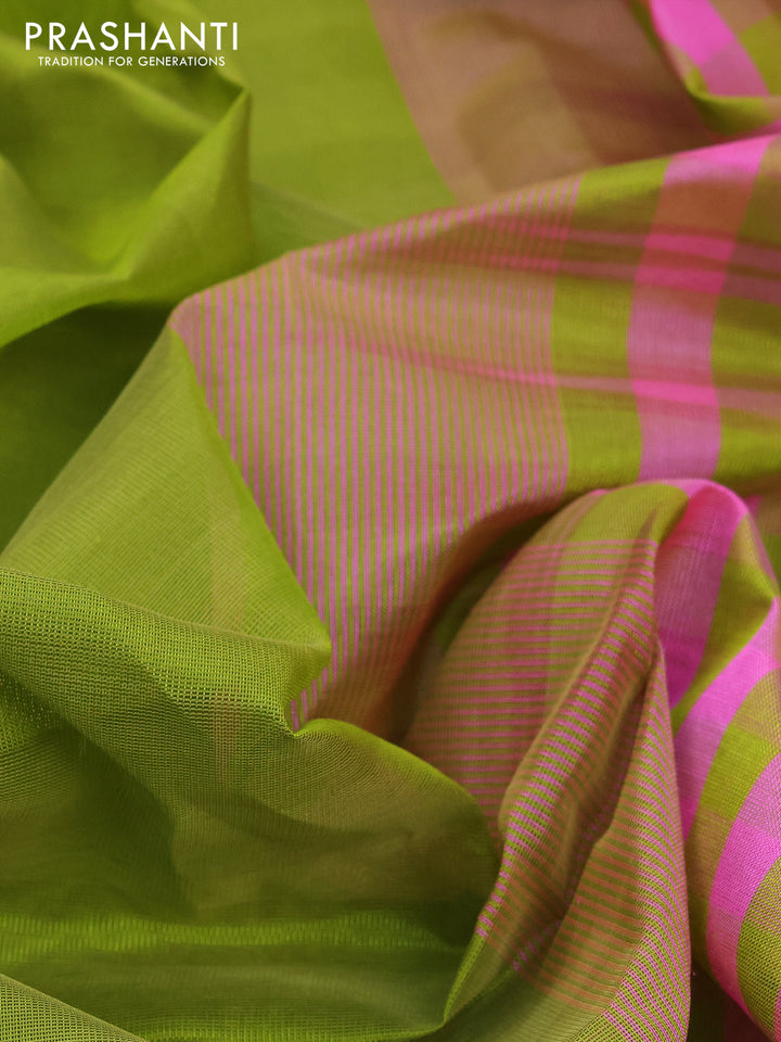 Silk cotton saree light green and light pink with plain body and zari woven border