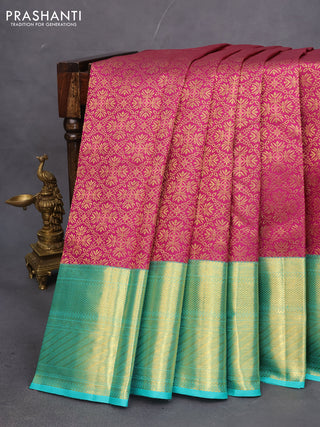 Pure kanchipuram silk saree dark magenta pink and teal green shade with allover zari woven brocade weaves and long rich zari woven border