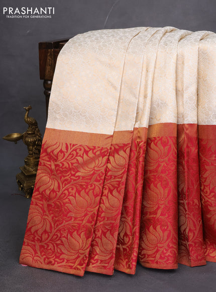 Pure kanchipuram silk saree off white and maroon with allover zari woven brocade weaves and long rich zari woven border