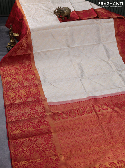 Pure kanchipuram silk saree off white and maroon with allover zari woven brocade weaves and long rich zari woven border