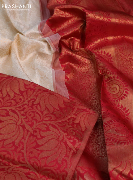 Pure kanchipuram silk saree off white and maroon with allover zari woven brocade weaves and long rich zari woven border