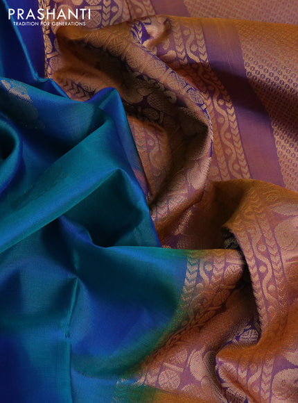 Pure soft silk saree dual shade of bluish green and dual shade of rust with annam & rudhraksha zari woven buttas and long rettapet zari woven border