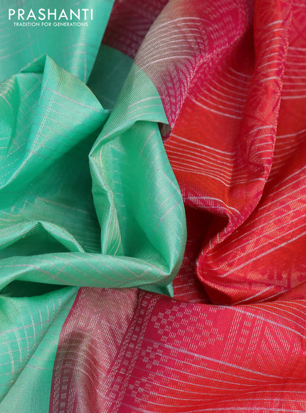 Pure soft silk saree teal shade and dual shade of pinkish orange with allover silver zari checked pattern and zari woven butta border