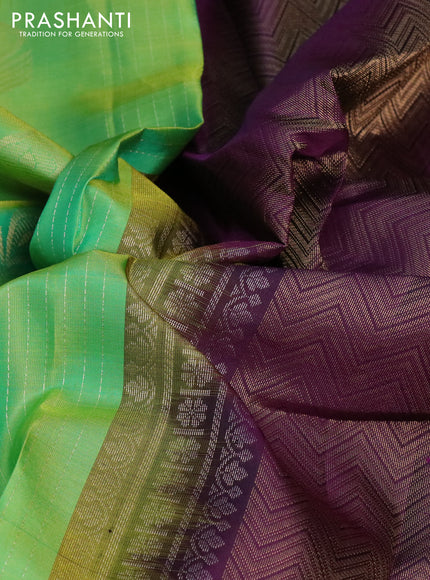 Pure soft silk saree green and dark purple with allover zari stripe & buttas and silver zari woven checked border