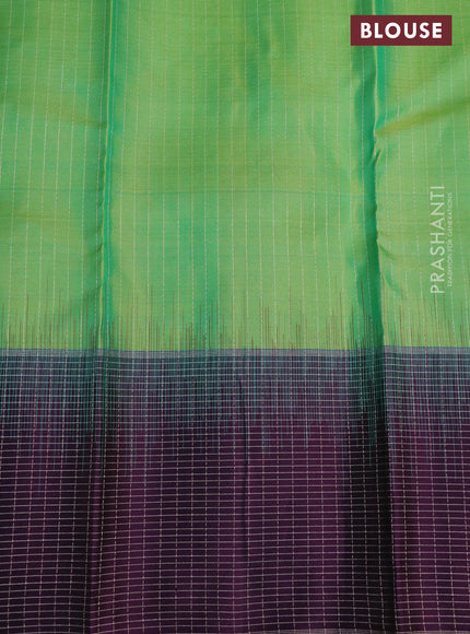 Pure soft silk saree green and dark purple with allover zari stripe & buttas and silver zari woven checked border
