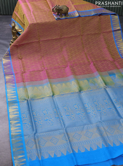 Silk cotton saree dual shade of purple and cs blue with allover self emboss jacquard and zari woven border