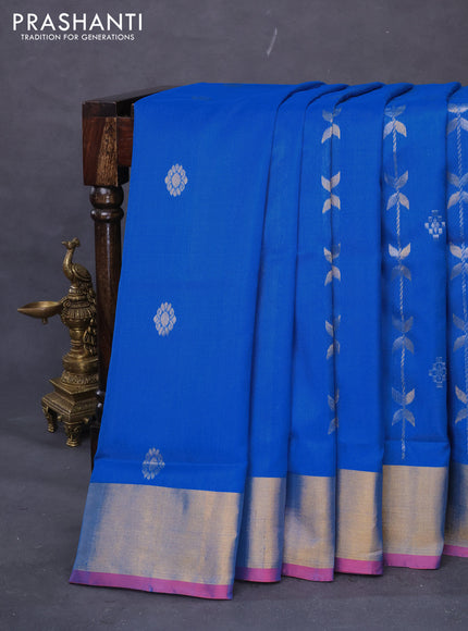 Pure uppada silk saree cs blue and pink with allover silver & gold zari weaves and zari woven border