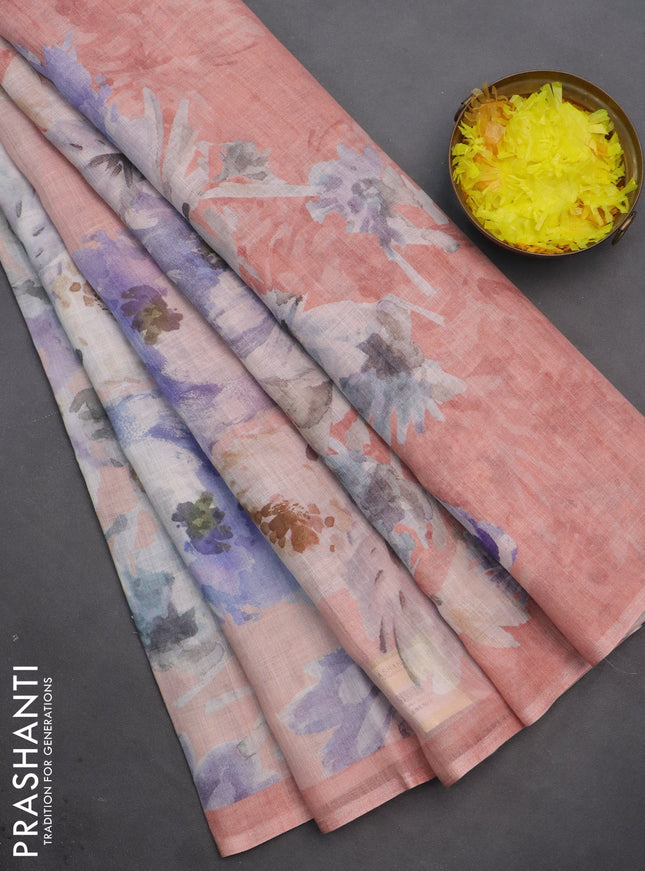 Linen cotton saree peach shade with allover floral digital prints and simple border