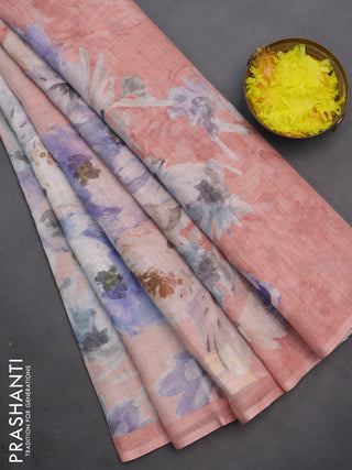 Linen cotton saree peach shade with allover floral digital prints and simple border