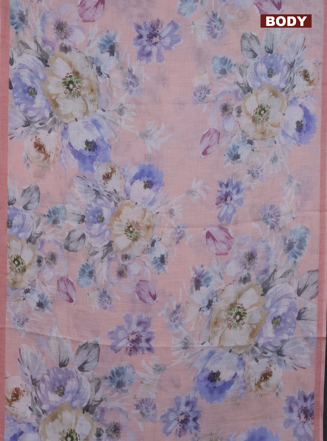 Linen cotton saree peach shade with allover floral digital prints and simple border