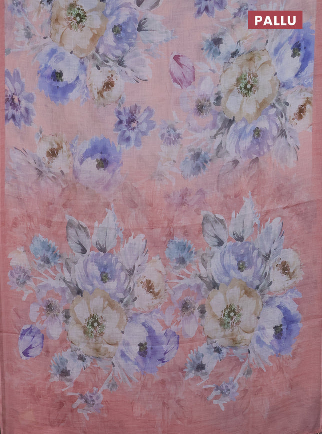 Linen cotton saree peach shade with allover floral digital prints and simple border