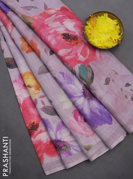 Linen cotton saree pastel lavender with allover floral digital prints and simple border