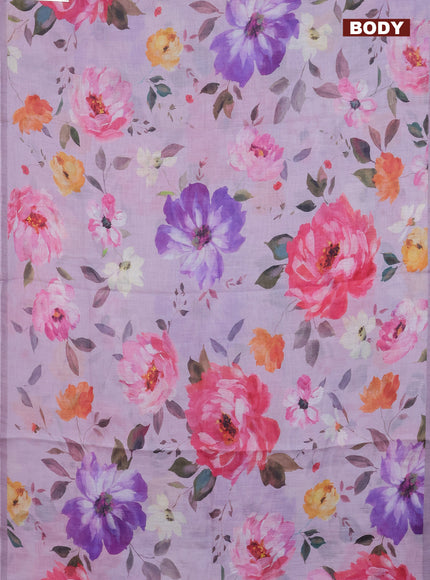Linen cotton saree pastel lavender with allover floral digital prints and simple border