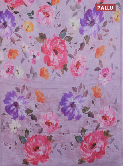 Linen cotton saree pastel lavender with allover floral digital prints and simple border
