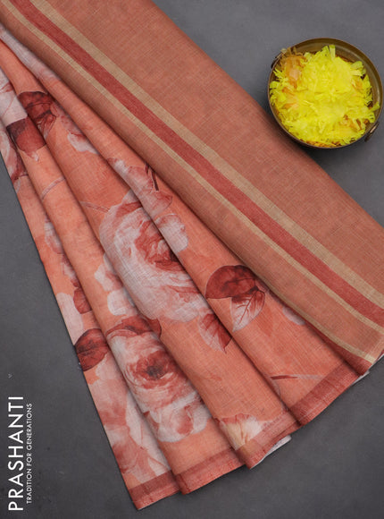Linen cotton saree rustic orange with allover floral digital prints and simple border