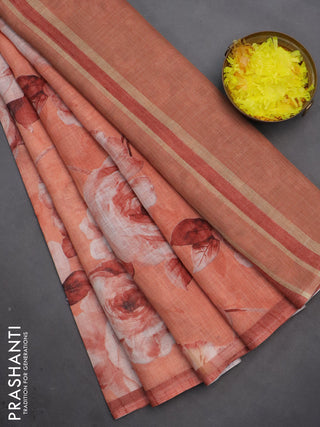 Linen cotton saree rustic orange with allover floral digital prints and simple border