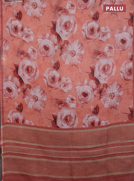 Linen cotton saree rustic orange with allover floral digital prints and simple border