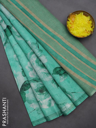 Linen cotton saree teal green with allover floral digital prints and simple border
