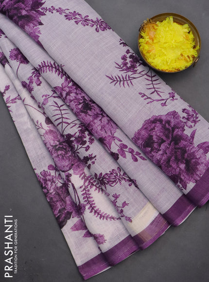 Linen cotton saree pastel lavender and purple with allover floral digital prints and simple border