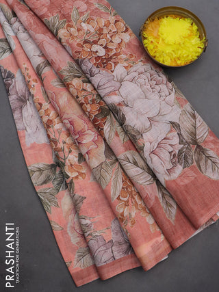 Linen cotton saree peach shade with allover floral digital prints and simple border