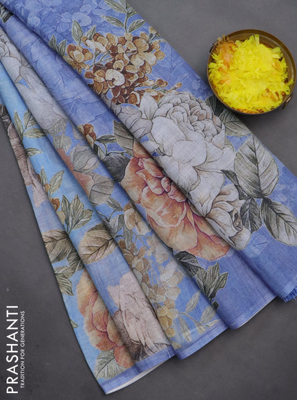 Linen cotton saree blue shade with allover floral digital prints and simple border