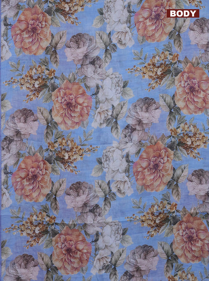 Linen cotton saree blue shade with allover floral digital prints and simple border