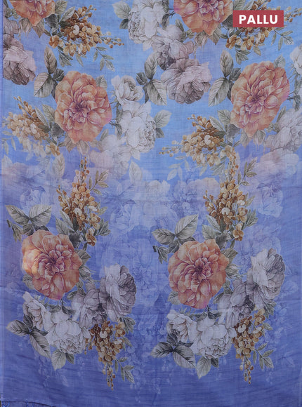 Linen cotton saree blue shade with allover floral digital prints and simple border