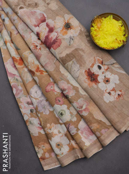 Linen cotton saree sandal with allover floral digital prints and simple border