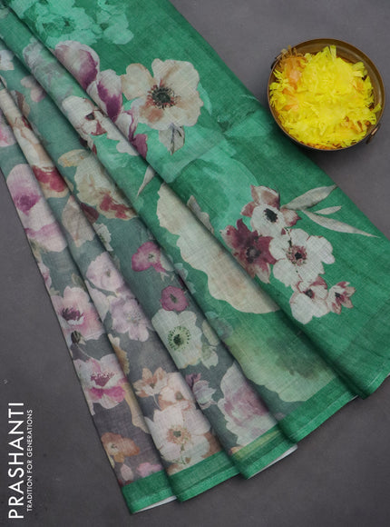 Linen cotton saree teal green shade with allover floral digital prints and simple border