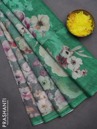 Linen cotton saree teal green shade with allover floral digital prints and simple border