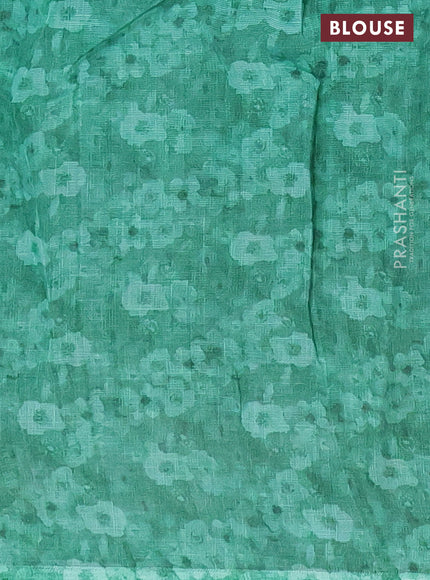 Linen cotton saree teal green shade with allover floral digital prints and simple border