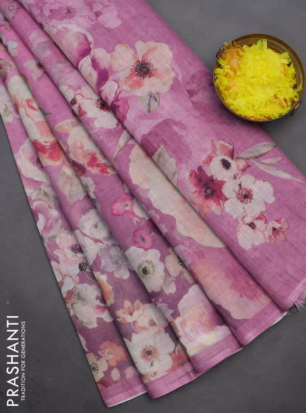 Linen cotton saree mauve pink with allover floral digital prints and simple border