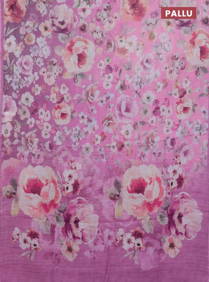 Linen cotton saree mauve pink with allover floral digital prints and simple border