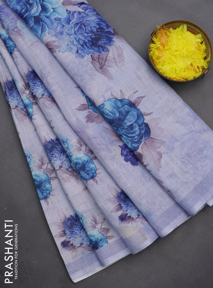 Linen cotton saree pastel lavender with allover floral digital prints and simple border