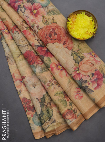 Linen cotton saree mustard shade with allover floral digital prints and simple border