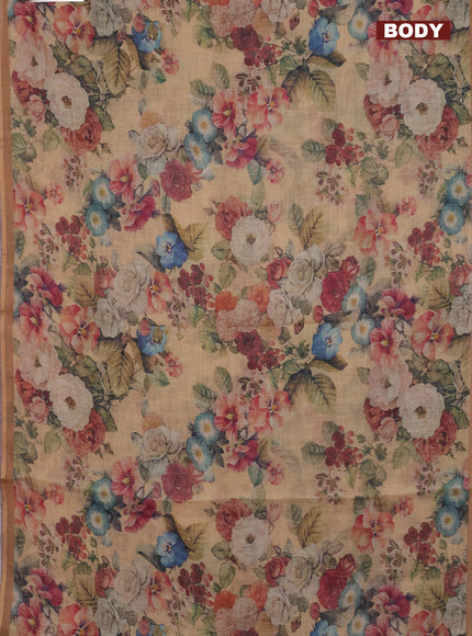 Linen cotton saree mustard shade with allover floral digital prints and simple border