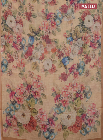 Linen cotton saree mustard shade with allover floral digital prints and simple border