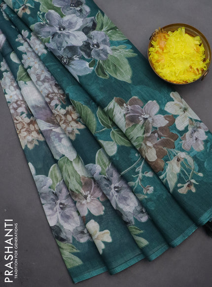 Linen cotton saree peacock green with allover floral digital prints and simple border